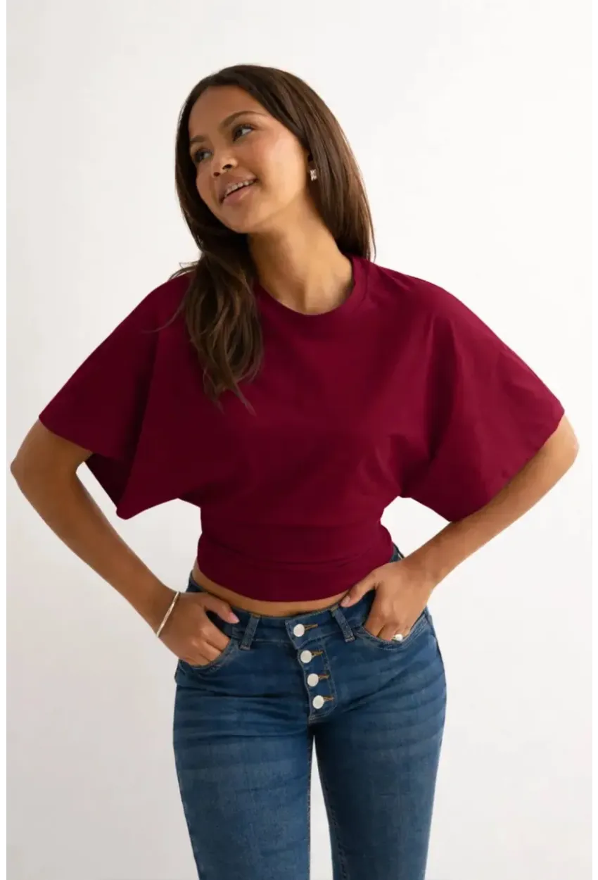 Dalgıç Kumaş Bele Oturan Bisiklet Yaka Geniş Kısa Kollu Bluz