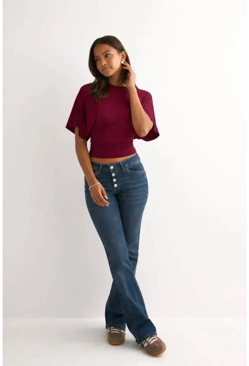 Dalgıç Kumaş Bele Oturan Bisiklet Yaka Geniş Kısa Kollu Bluz