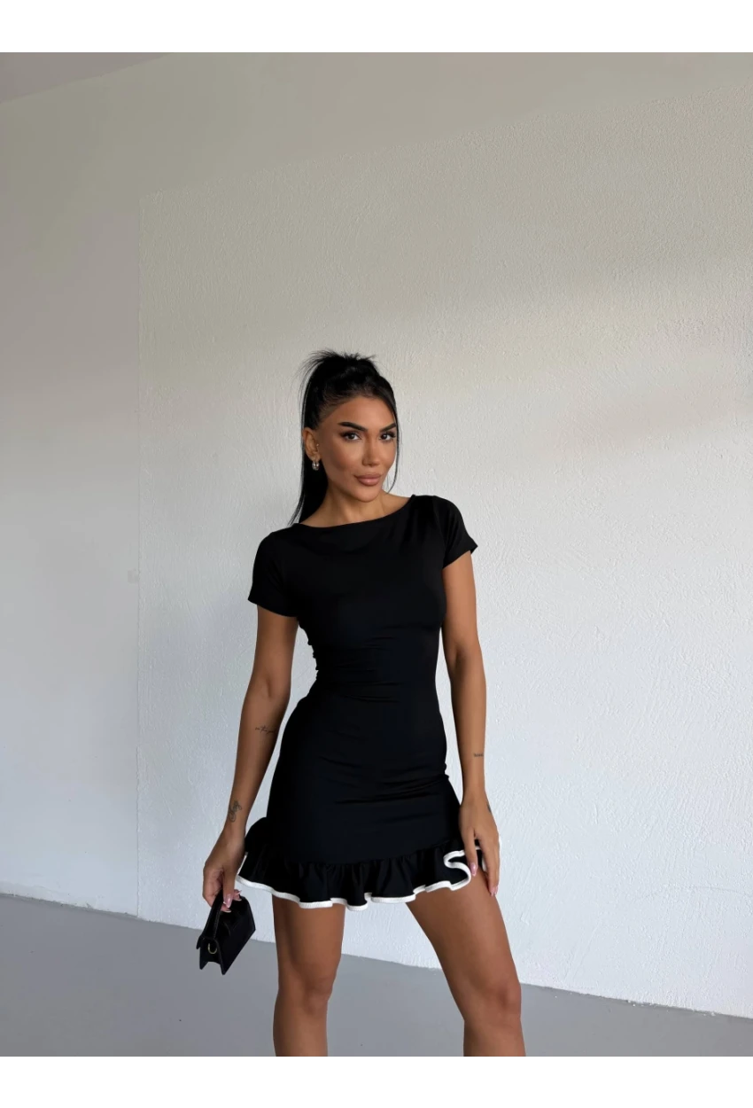 Dalgıç Kumaş Biyeli Elbise Siyah