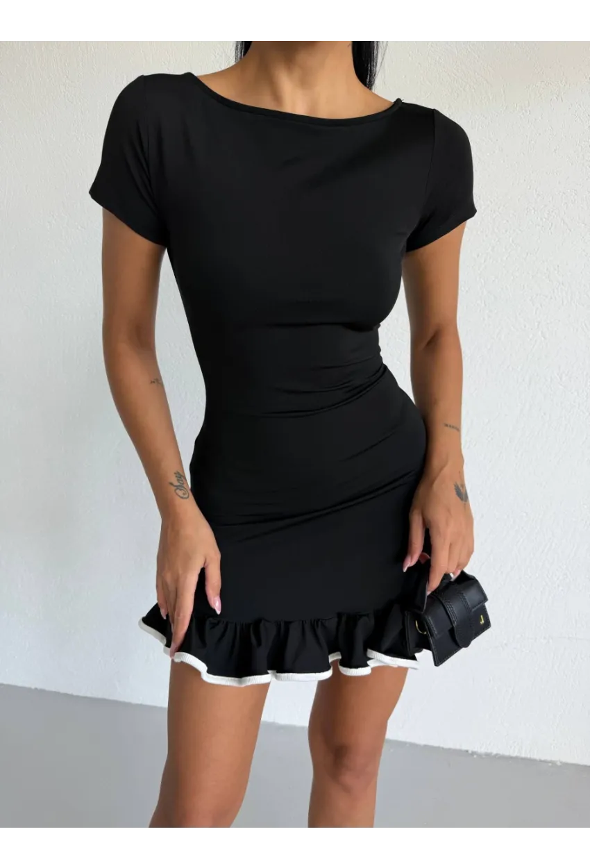 Dalgıç Kumaş Biyeli Elbise Siyah