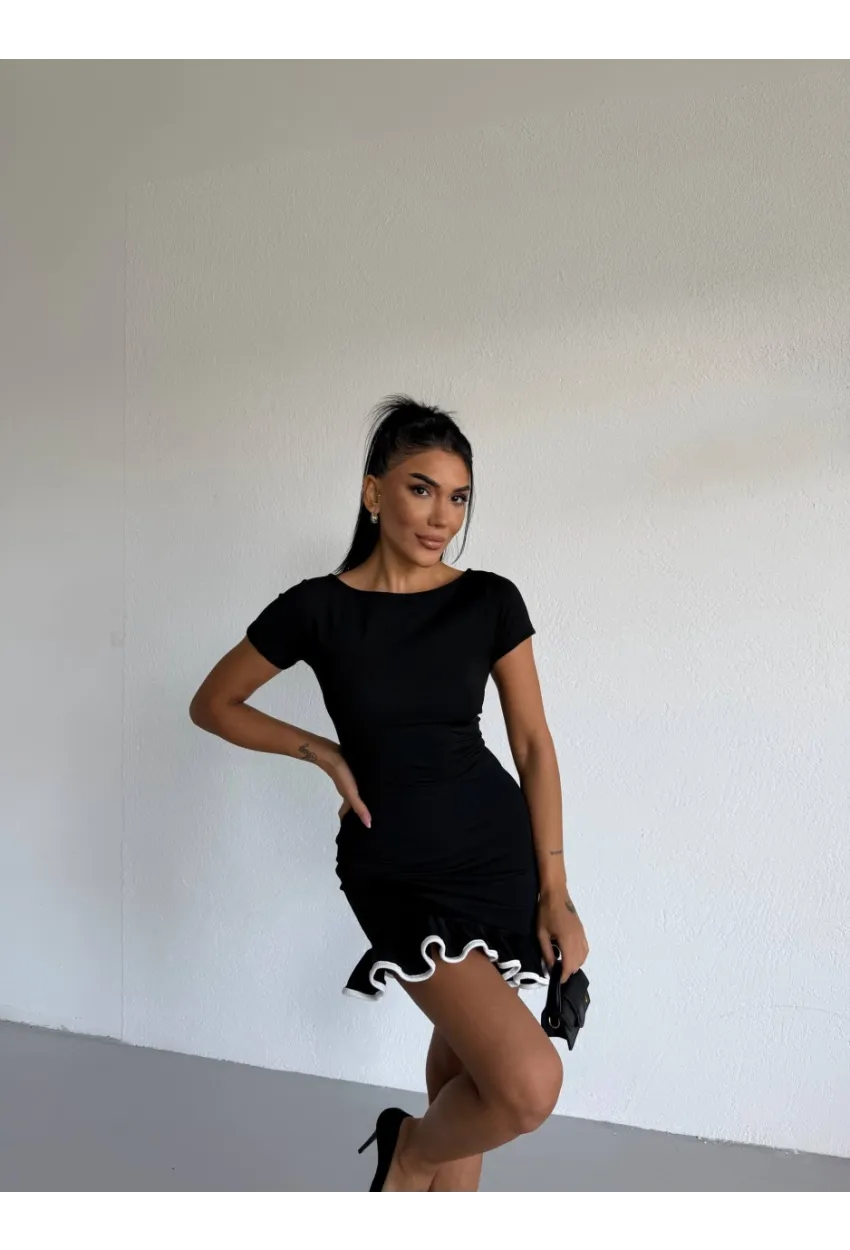 Dalgıç Kumaş Biyeli Elbise Siyah