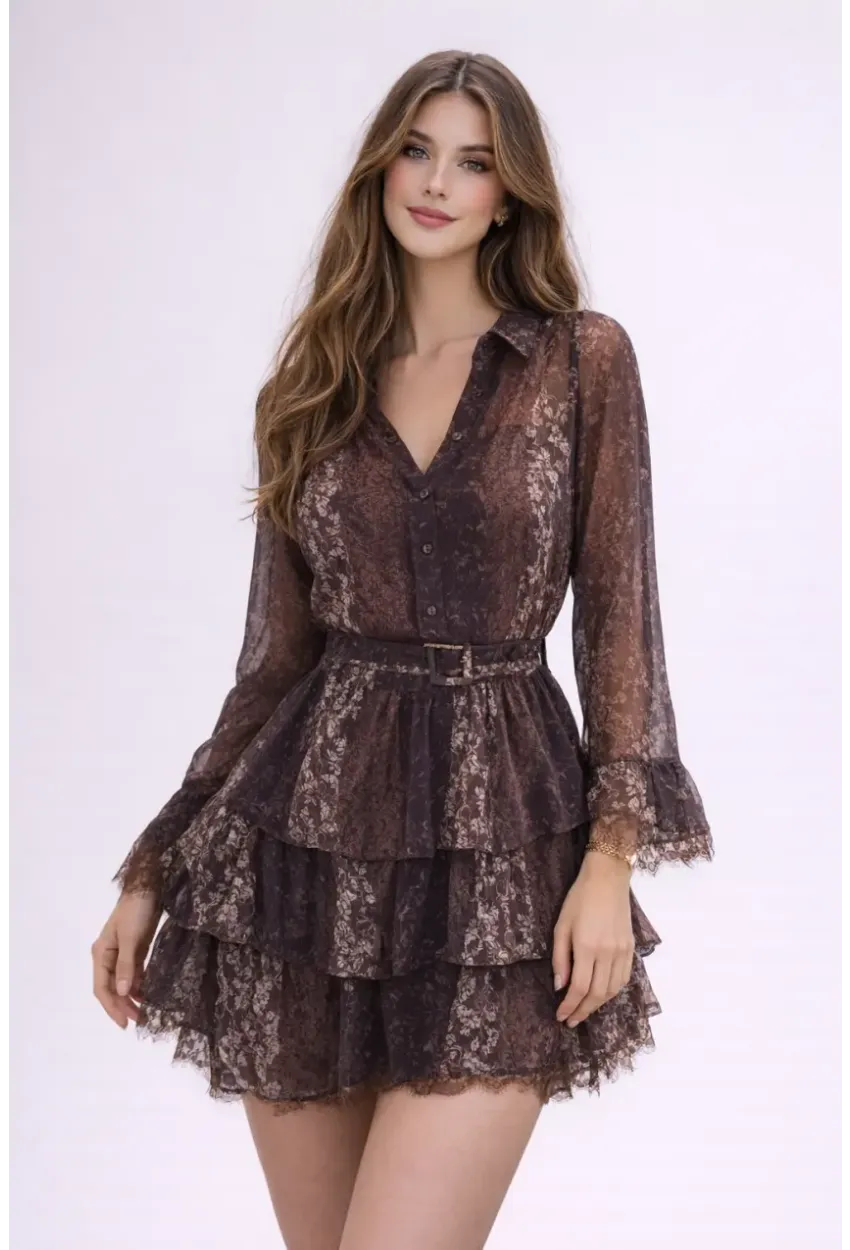 Dantel Dokulu Kat Kat Mini Elbise – Kemer Detaylı Şifon Görünüm
