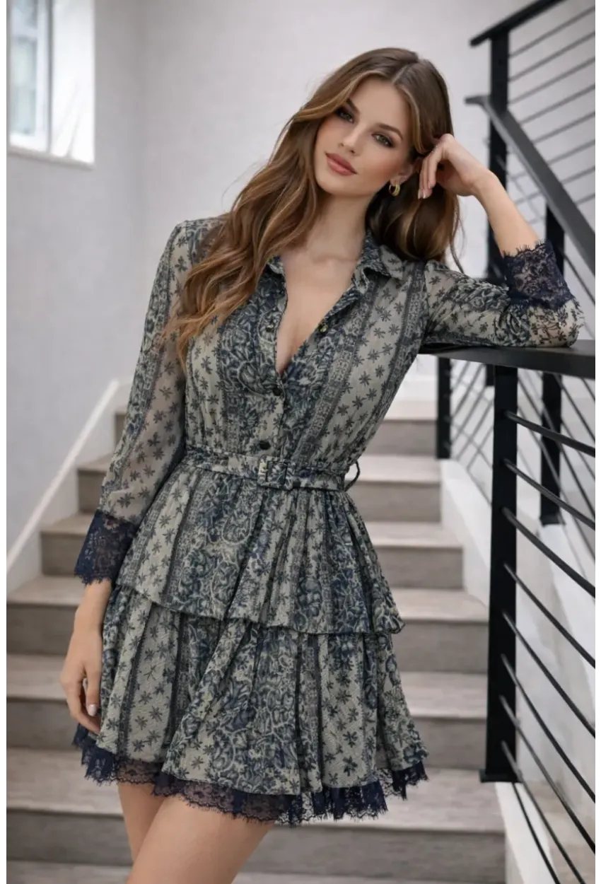 Dantel Dokulu Kat Kat Mini Elbise – Kemer Detaylı Şifon Görünüm