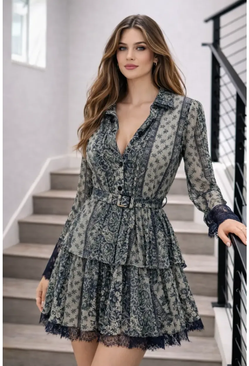 Dantel Dokulu Kat Kat Mini Elbise – Kemer Detaylı Şifon Görünüm