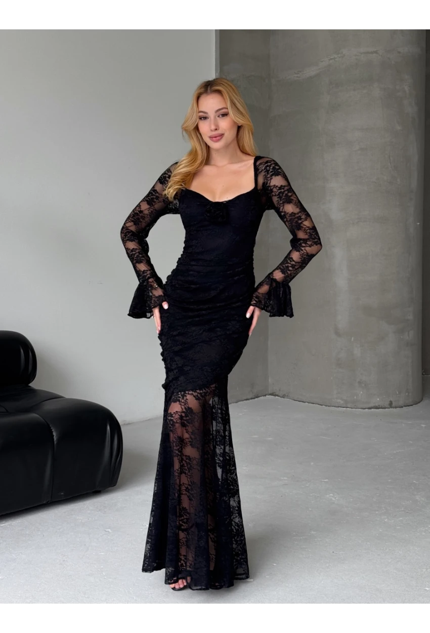 Dantel İç Astarlı Maxi Boy Elbise Siyah