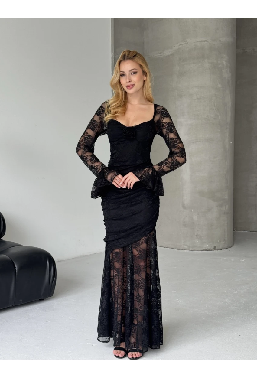Dantel İç Astarlı Maxi Boy Elbise Siyah