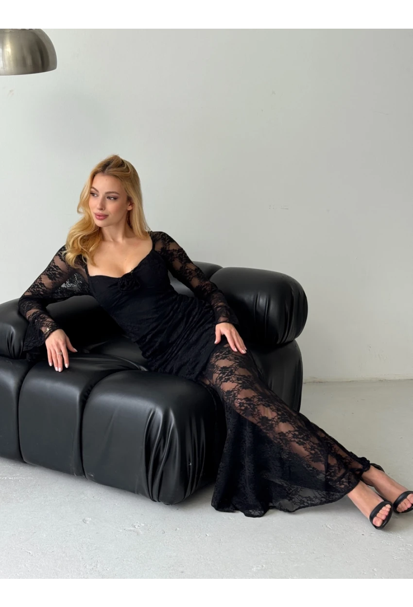 Dantel İç Astarlı Maxi Boy Elbise Siyah