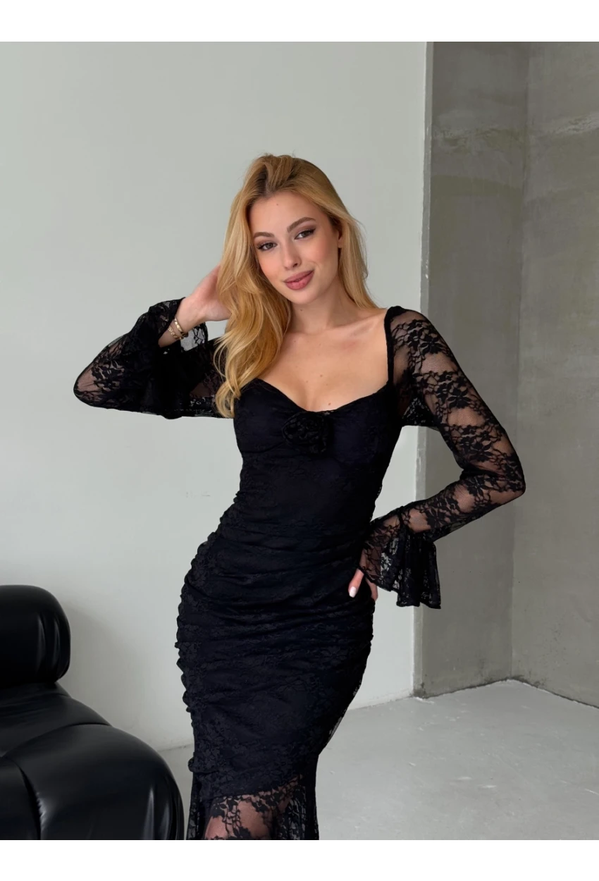 Dantel İç Astarlı Maxi Boy Elbise Siyah