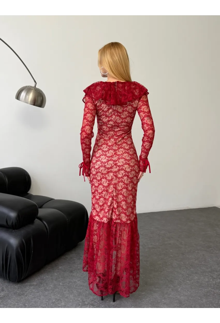 Dantel Kumaş Astarlı Maxi Boy Elbise Bordo