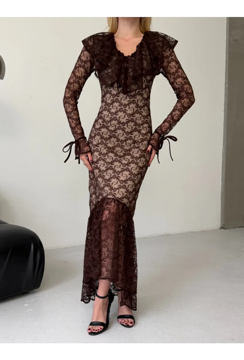 Dantel Kumaş Astarlı Maxi Boy Elbise Kahve