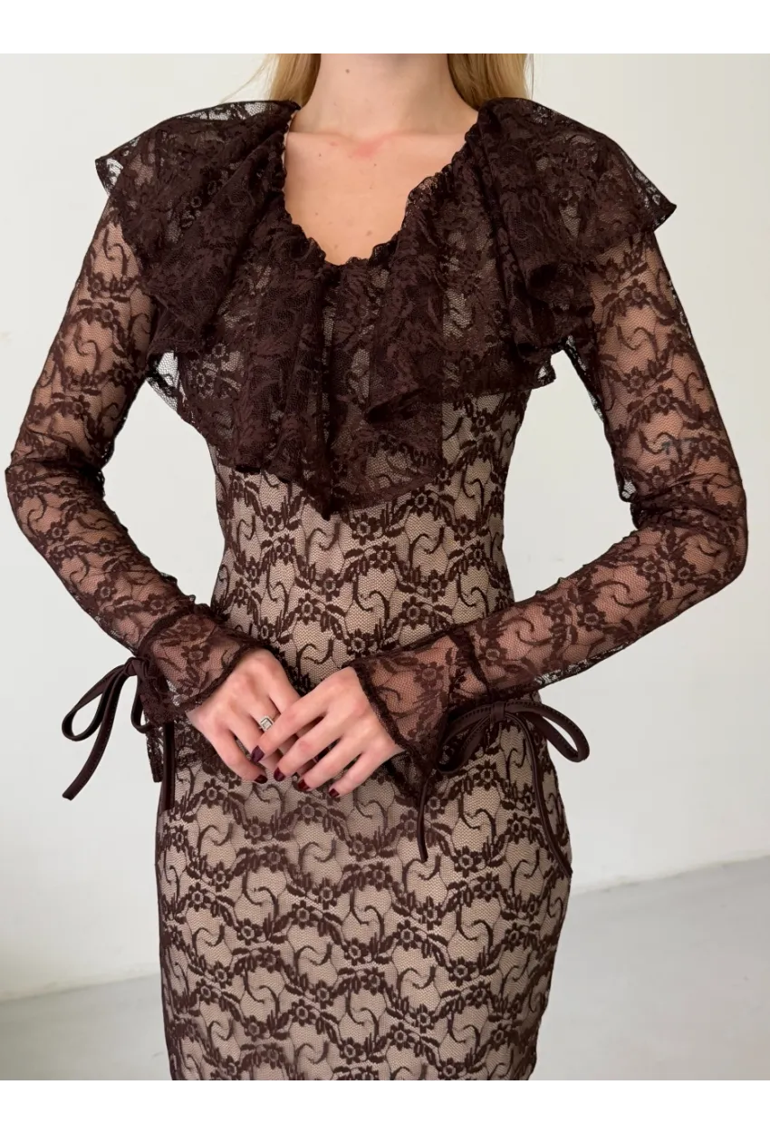 Dantel Kumaş Astarlı Maxi Boy Elbise Kahve