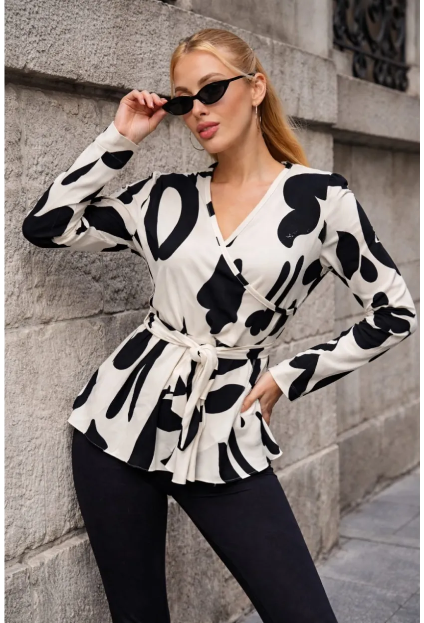 Desenli Kruvaze Yaka Kuşaklı Kadın Bluz