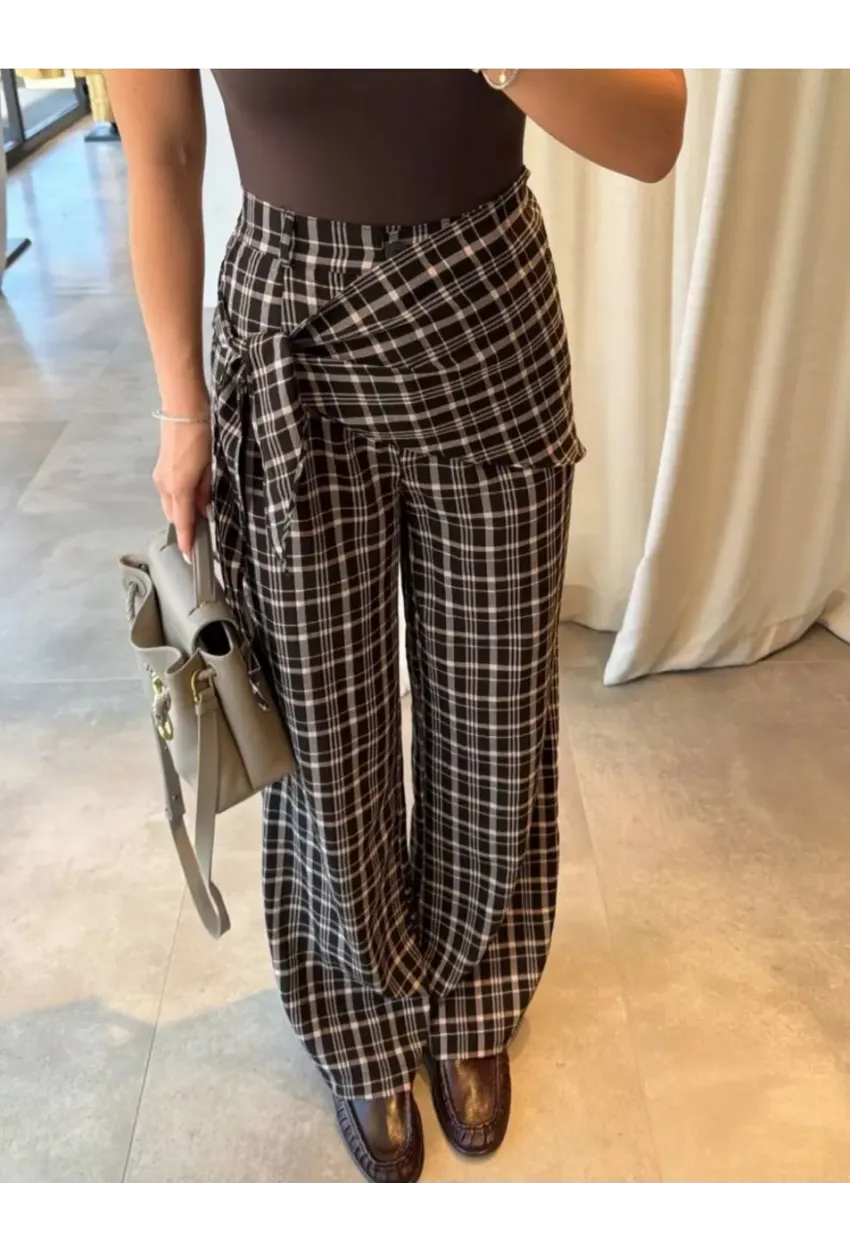 Ekose Desenli Bağlama Detaylı Yüksek Bel Pantolon – Şık & Rahat Kesim