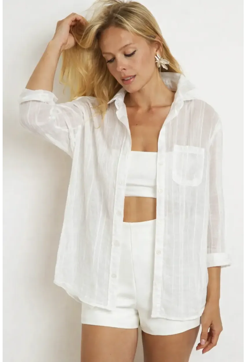 Ekru Çizgili Transparan Dokulu Oversize Kadın Gömlek