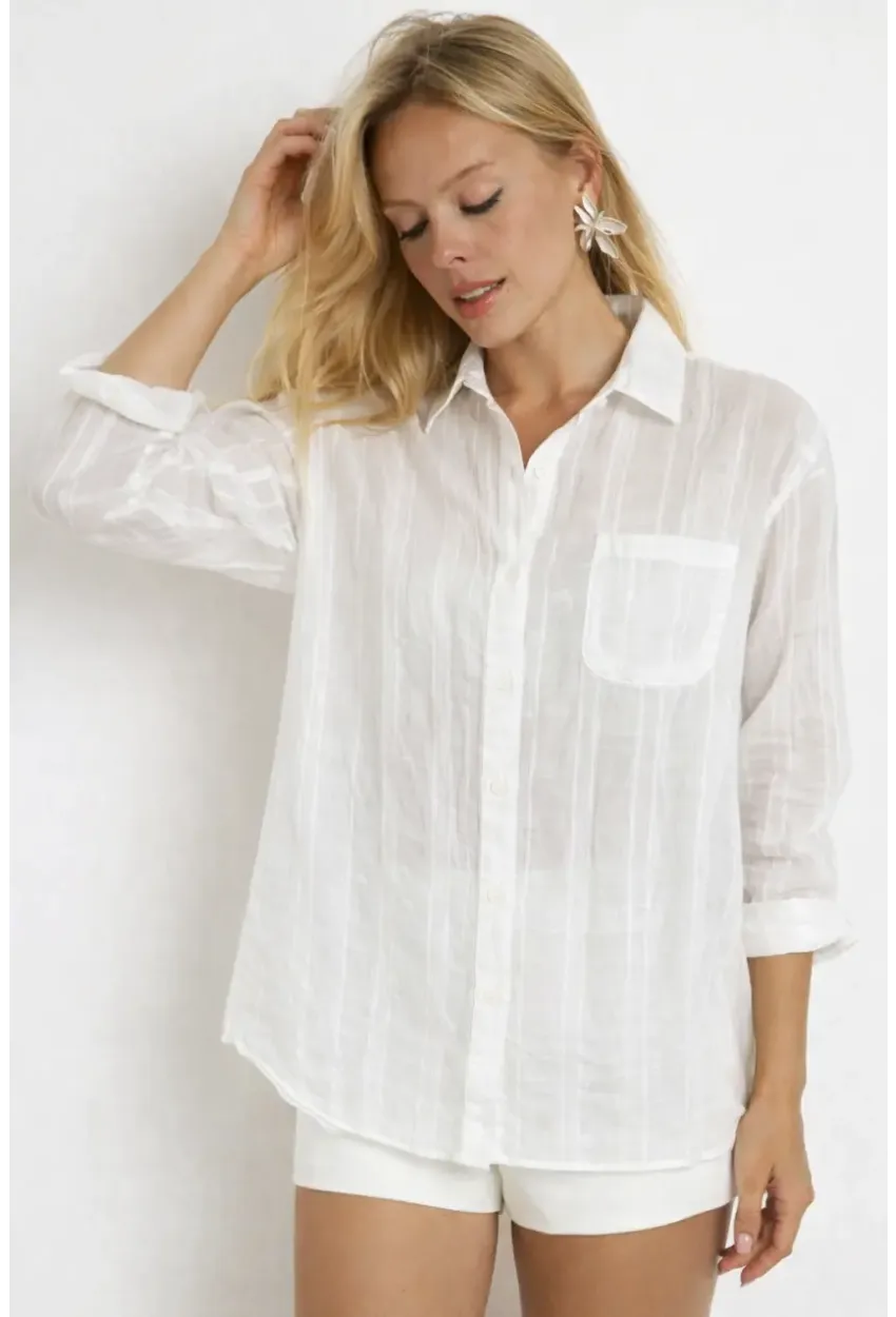 Ekru Çizgili Transparan Dokulu Oversize Kadın Gömlek