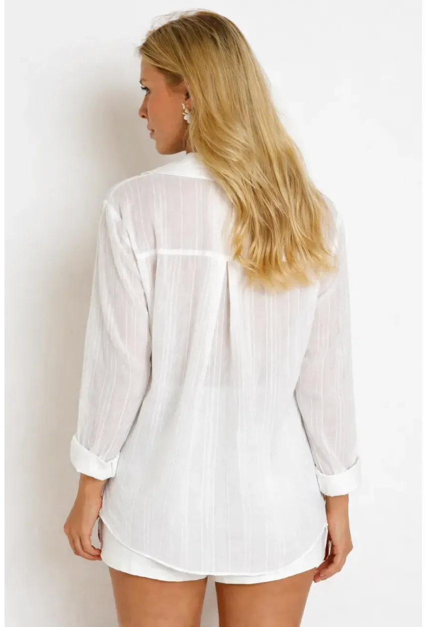 Ekru Çizgili Transparan Dokulu Oversize Kadın Gömlek