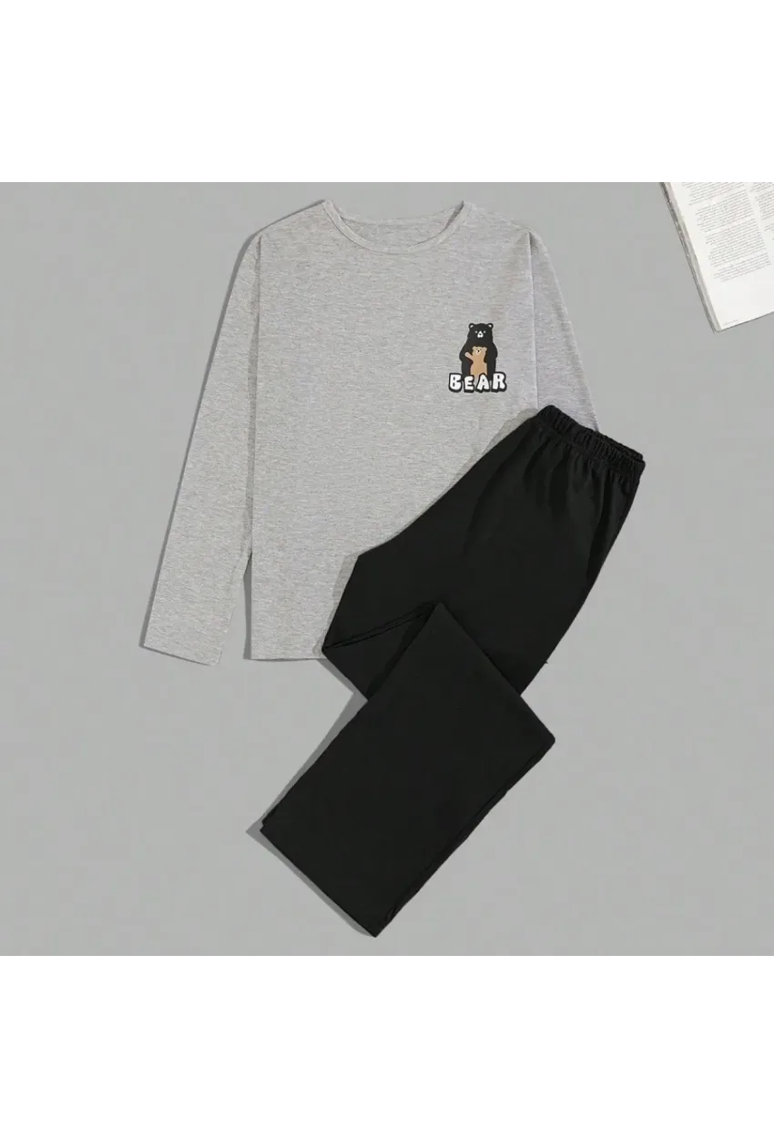 Erkek Uzun Kollu Pijama Takımı Ayı Baskılı