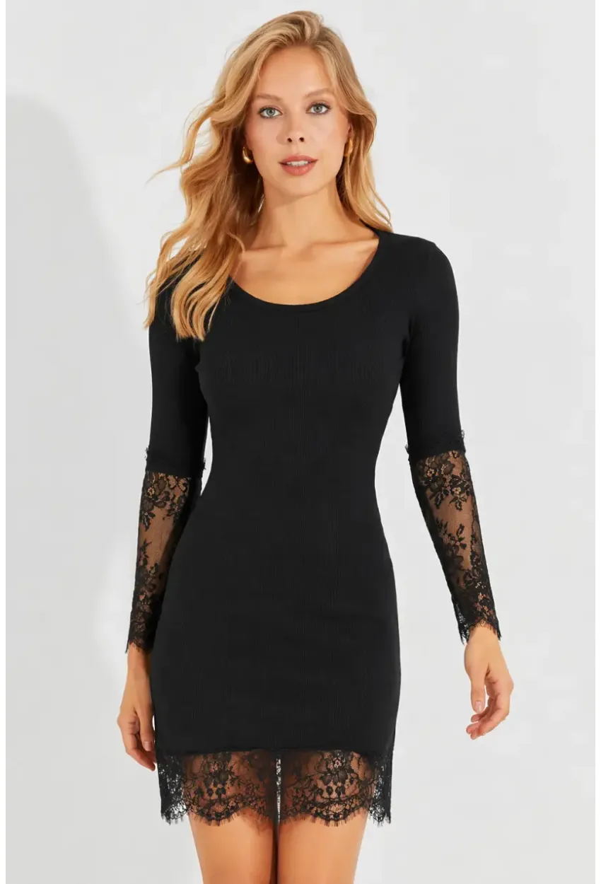 Siyah Kaşkorse Dantel Detaylı Uzun Kollu Kadın Elbise