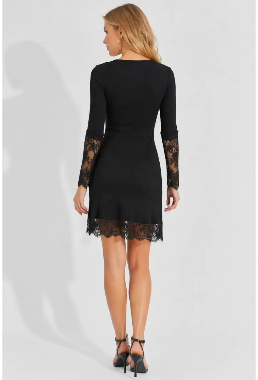 Siyah Kaşkorse Dantel Detaylı Uzun Kollu Kadın Elbise