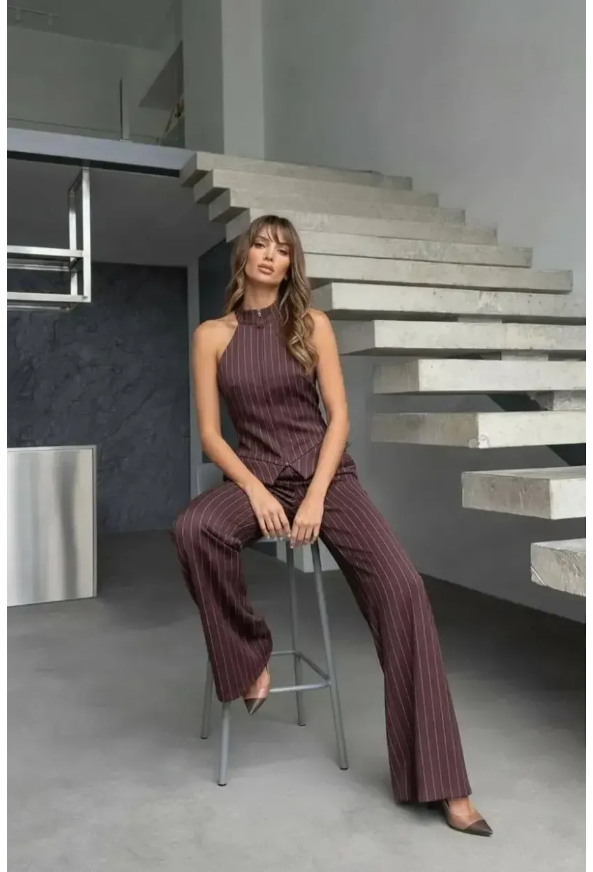 Fermuar Detay Çizgili Takım Kahve