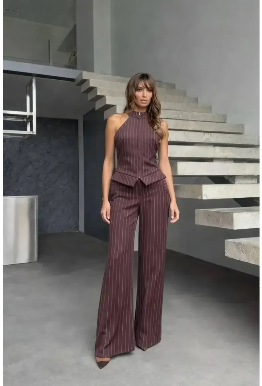 Fermuar Detay Çizgili Takım Kahve