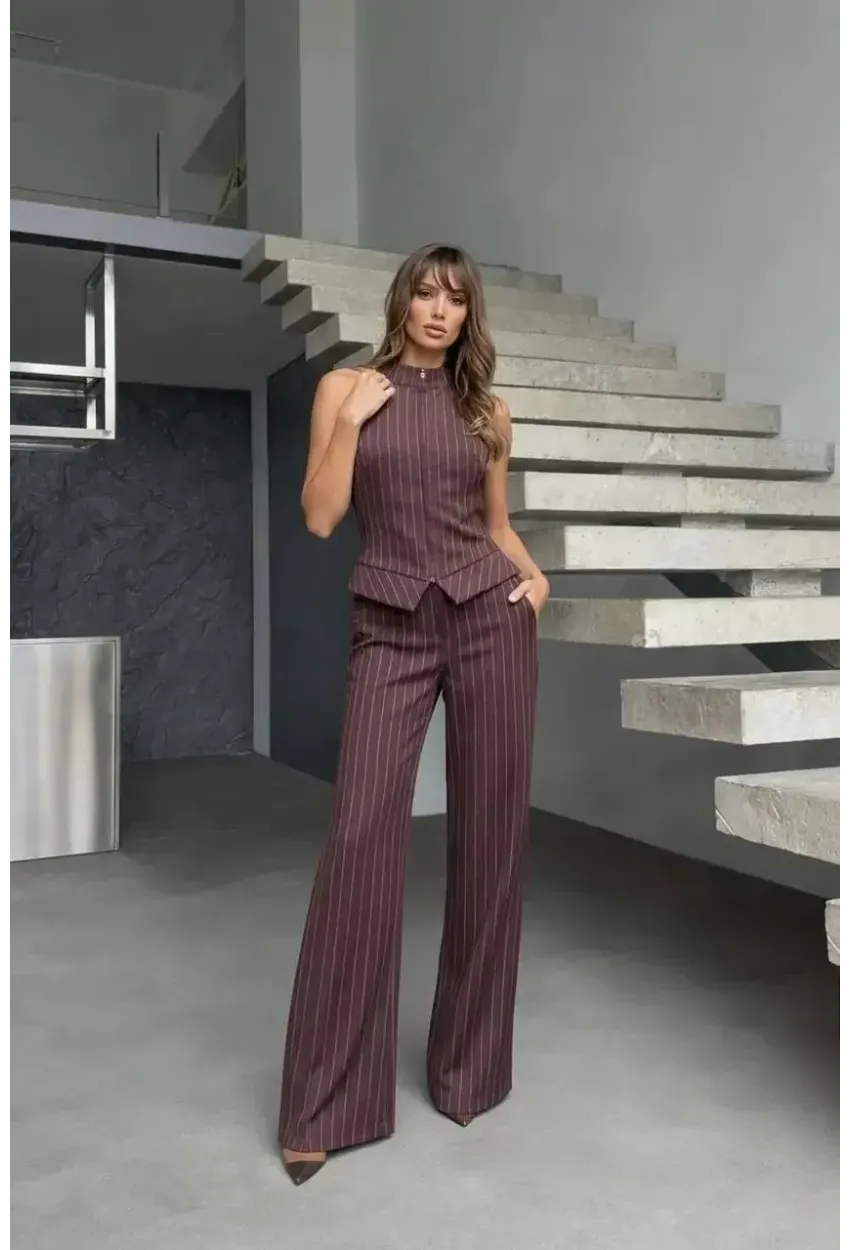 Fermuar Detay Çizgili Takım Kahve