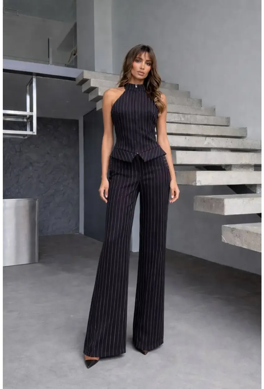Fermuar Detay Çizgili Takım Siyah
