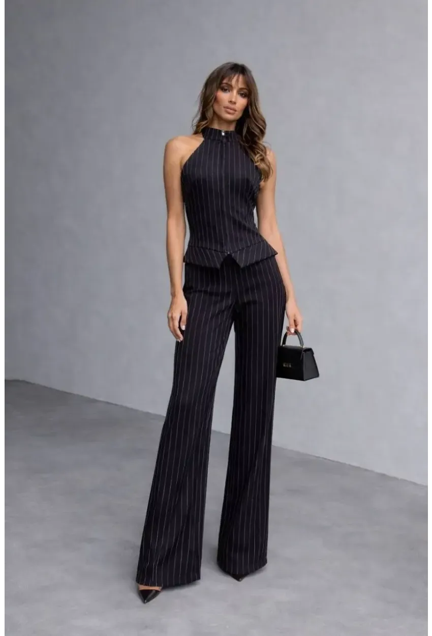 Fermuar Detay Çizgili Takım Siyah