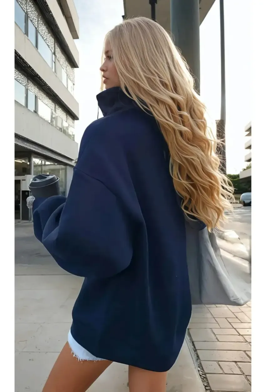 Fermuar Yaka Los Angeles Baskılı Üç İplik Sweatshirt