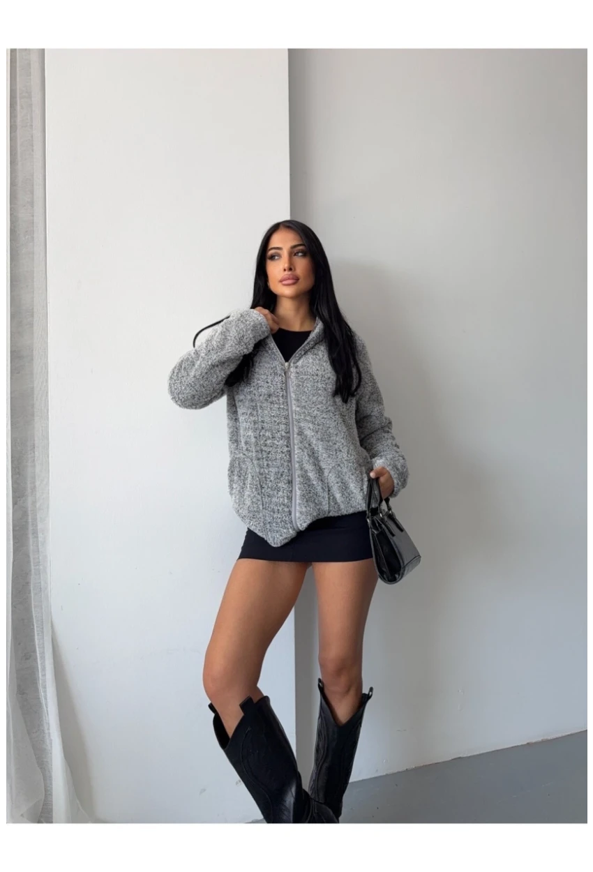Fermuarlı Kapşonlu Gri Polar Sweatshirt