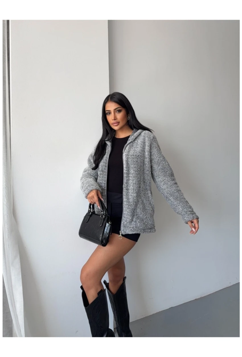 Fermuarlı Kapşonlu Gri Polar Sweatshirt