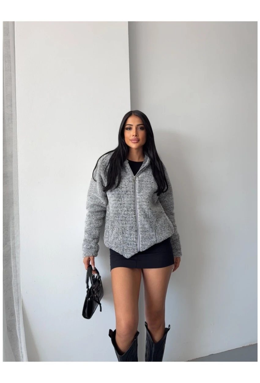 Fermuarlı Kapşonlu Gri Polar Sweatshirt