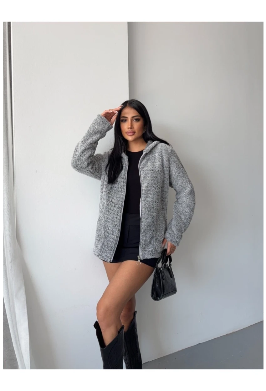 Fermuarlı Kapşonlu Gri Polar Sweatshirt