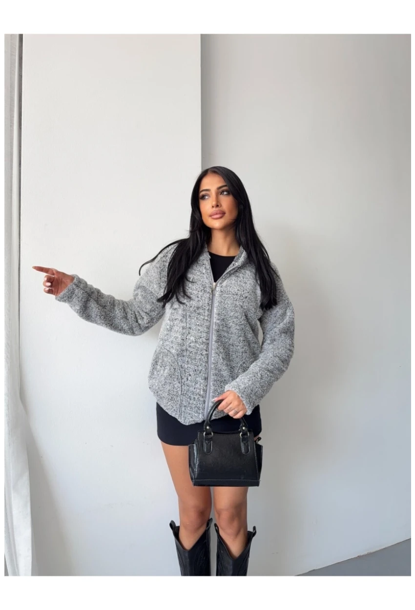 Fermuarlı Kapşonlu Gri Polar Sweatshirt