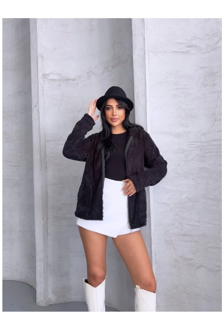 Fermuarlı Kapşonlu Siyah Polar Sweatshirt