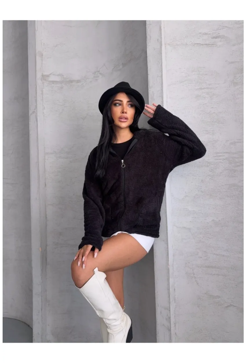 Fermuarlı Kapşonlu Siyah Polar Sweatshirt