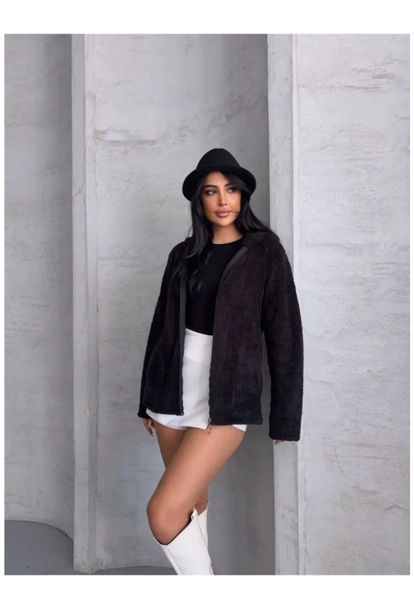 Fermuarlı Kapşonlu Siyah Polar Sweatshirt