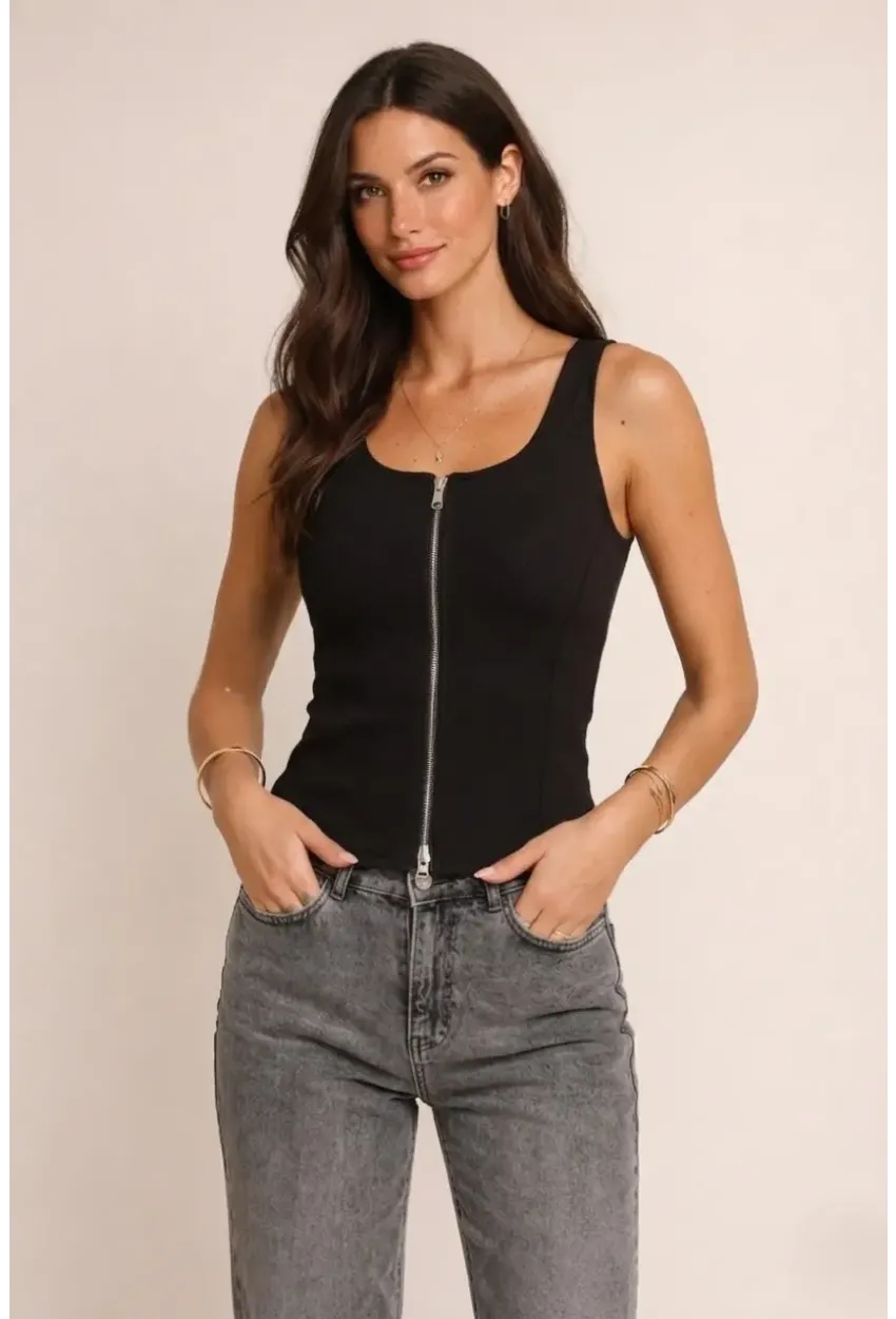 Fermuarlı Sıfır Kol Bluz Siyah