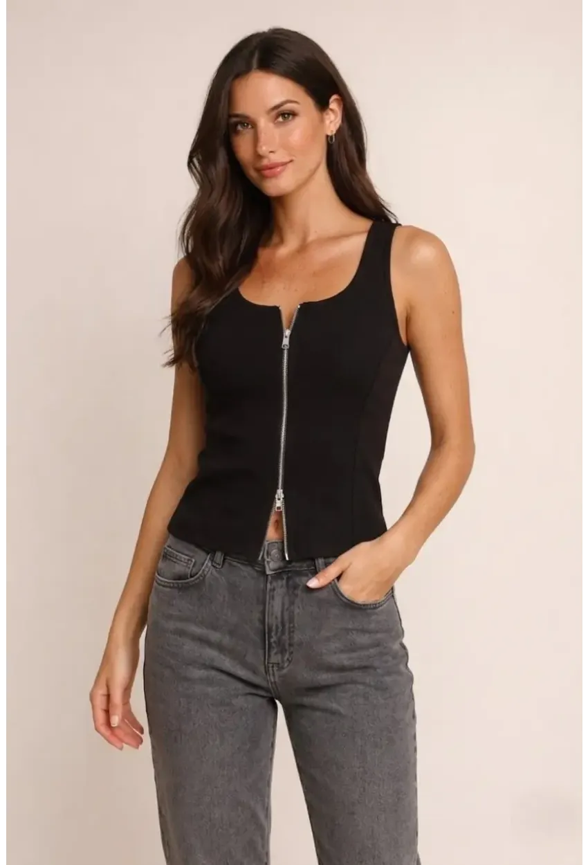 Fermuarlı Sıfır Kol Bluz Siyah