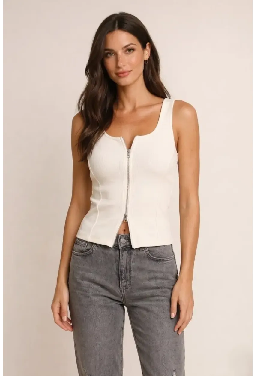 Fermuarlı Sıfır Kol Bluz Ekru