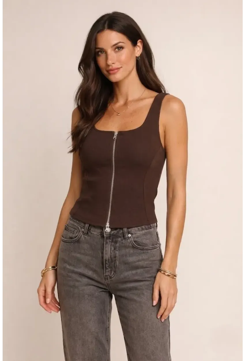 Fermuarlı Sıfır Kol Bluz Kahverengi