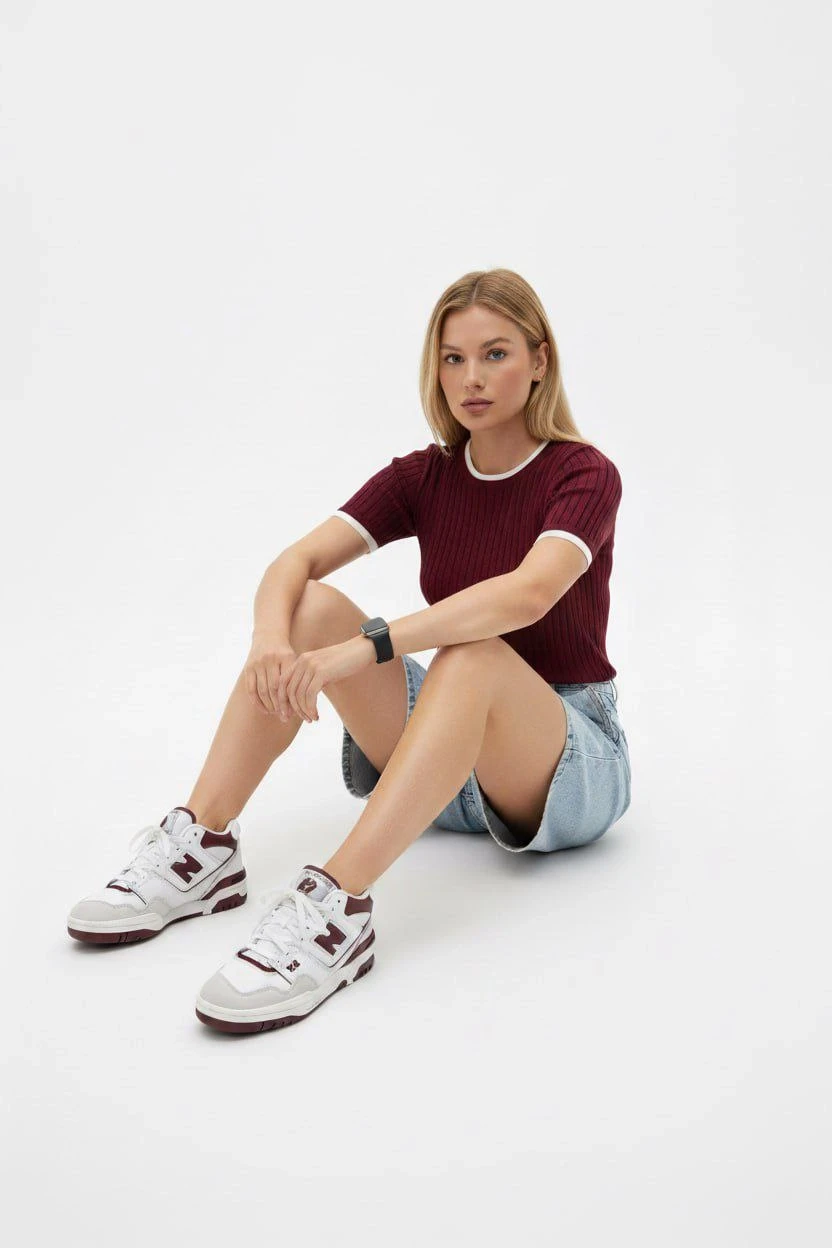 Fitilli Kısa Kollu Biyeli Triko Bluz Bordo