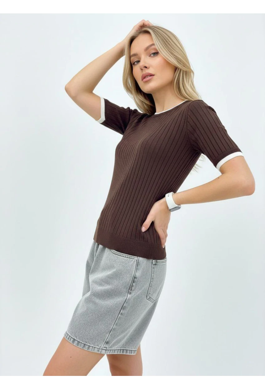Fitilli Kısa Kollu Biyeli Triko Bluz Kahve