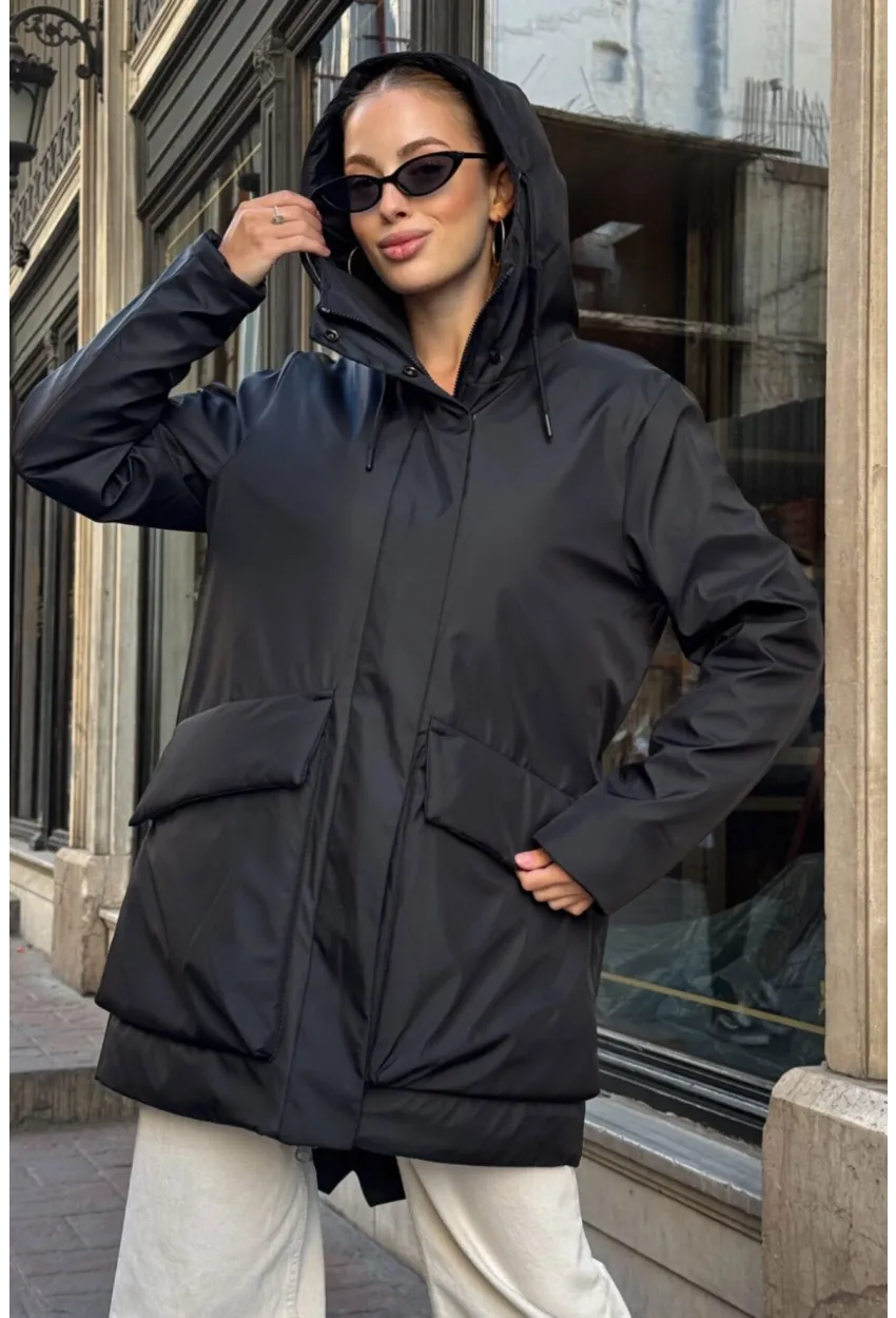 Geniş Cepli Kapüşonlu Uzun Mont Siyah