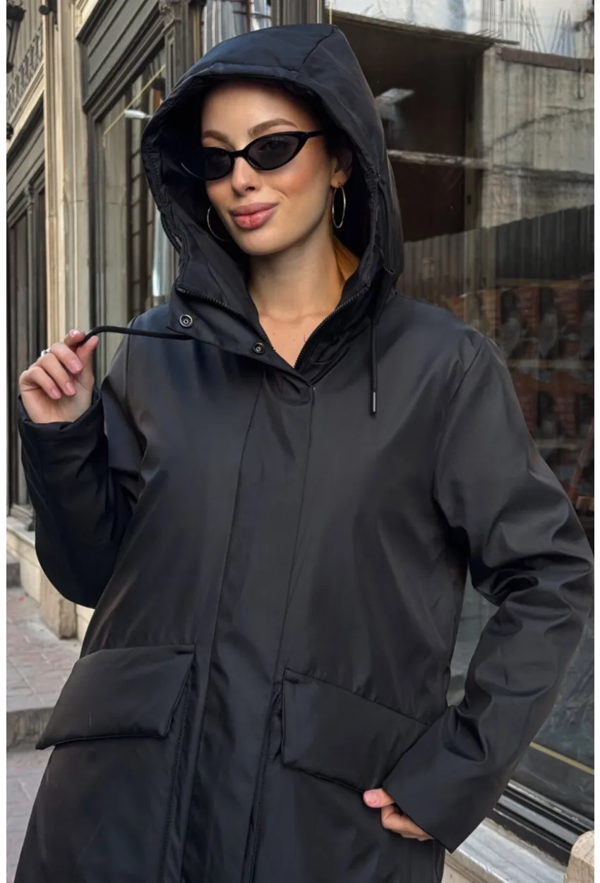 Geniş Cepli Kapüşonlu Uzun Mont Siyah