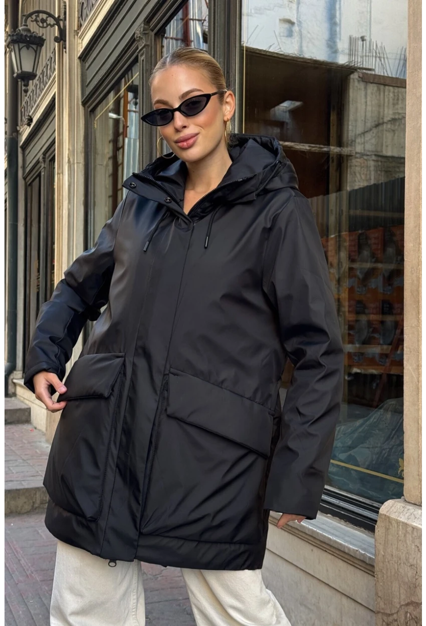 Geniş Cepli Kapüşonlu Uzun Mont Siyah