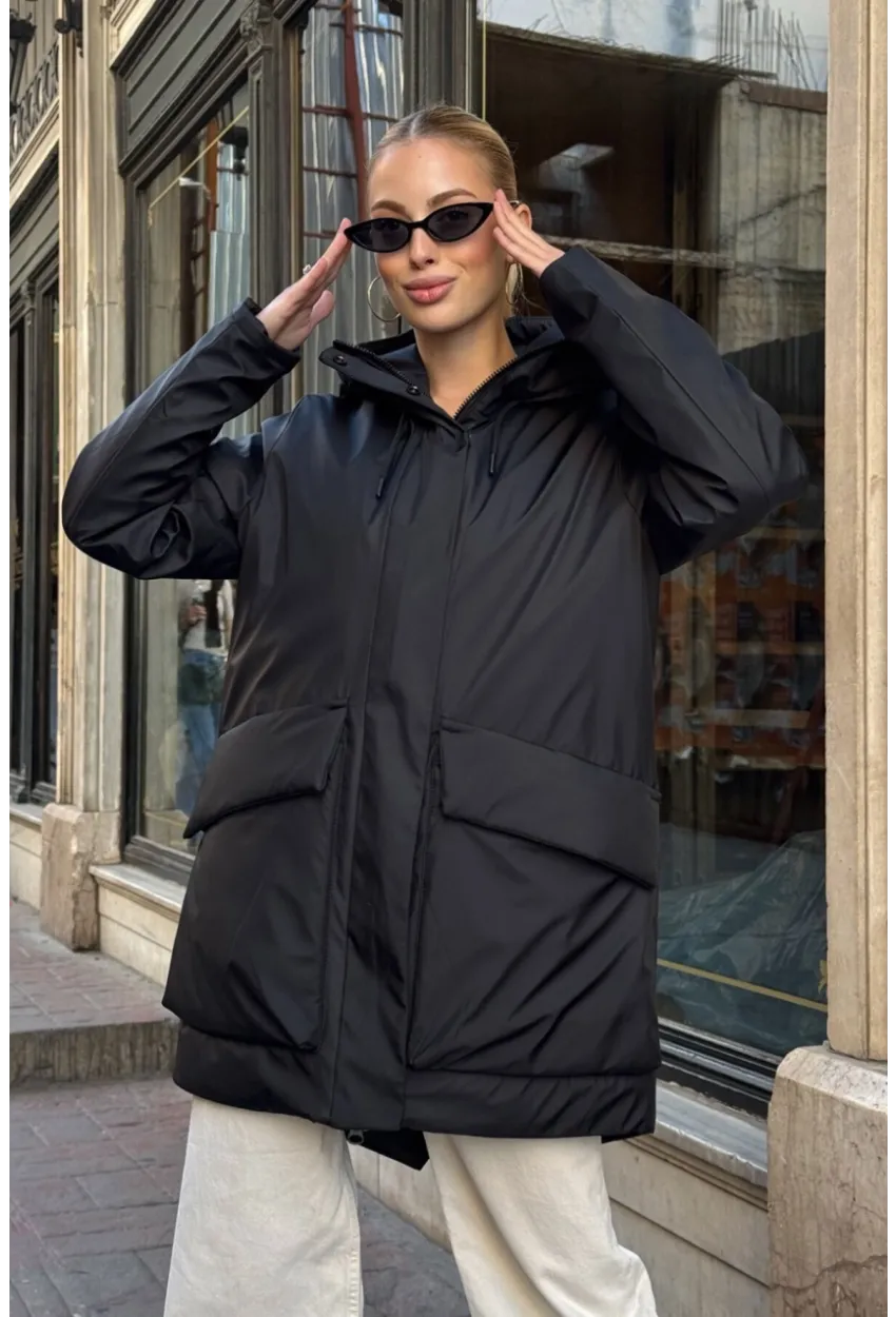 Geniş Cepli Kapüşonlu Uzun Mont Siyah