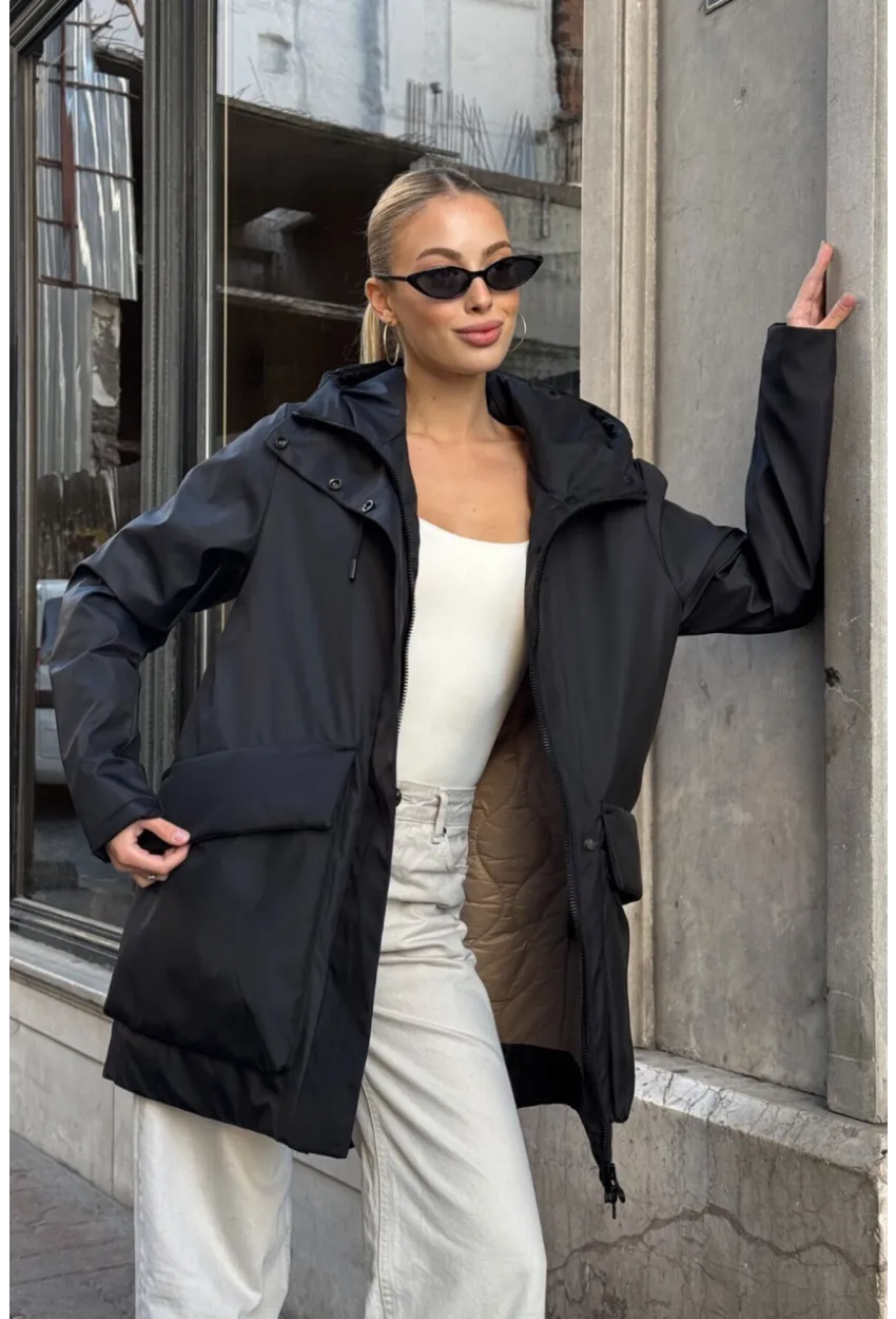Geniş Cepli Kapüşonlu Uzun Mont Siyah