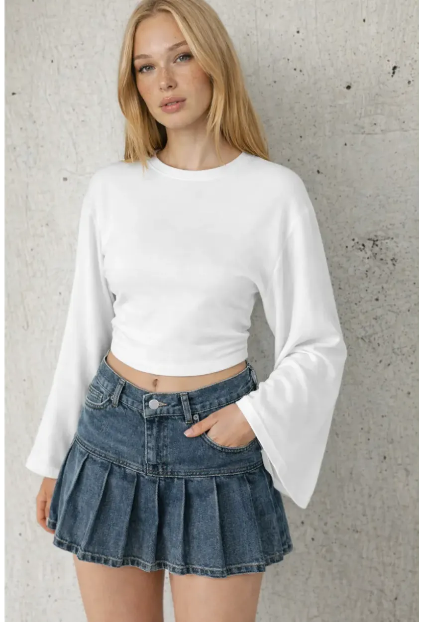 Geniş Kol Crop Bluz Beyaz