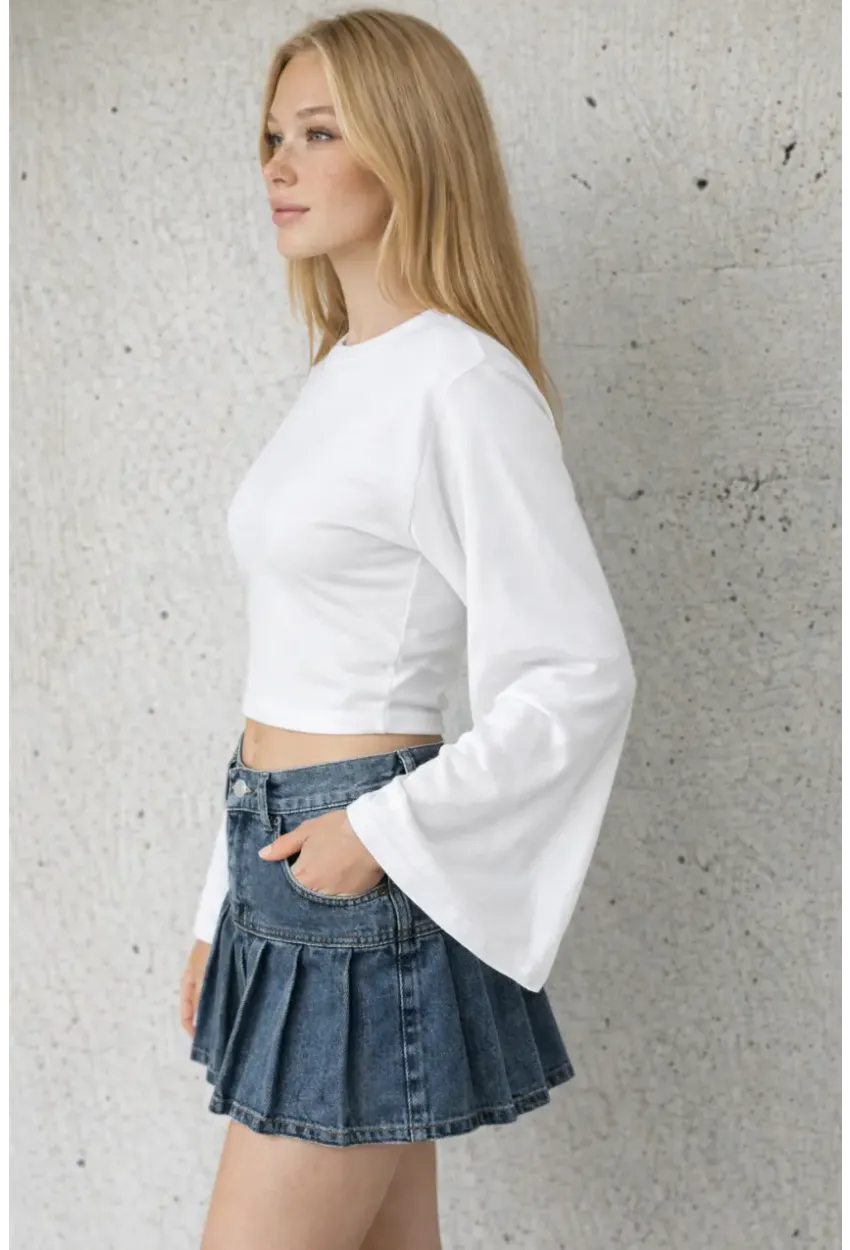 Geniş Kol Crop Bluz Beyaz